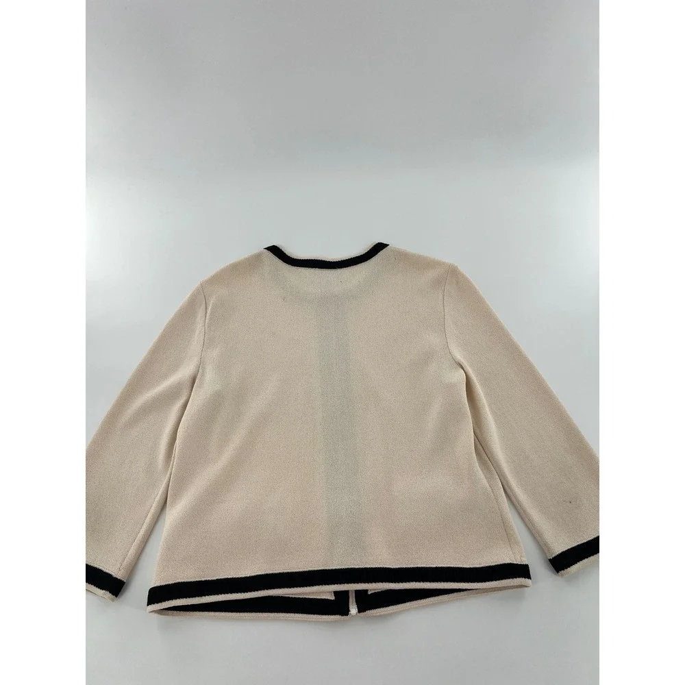 St. John Caviar Cream Black Contrast Trim Wool Knit Zip Front Jacket Old Money 8